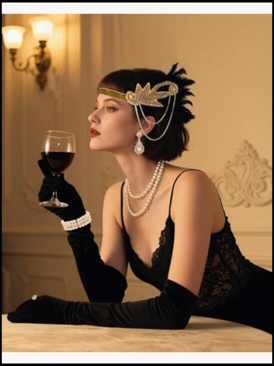Roaring 20s Flapper Accessory Set Feather Headband Vintage Pearl Necklace Opera main image 7